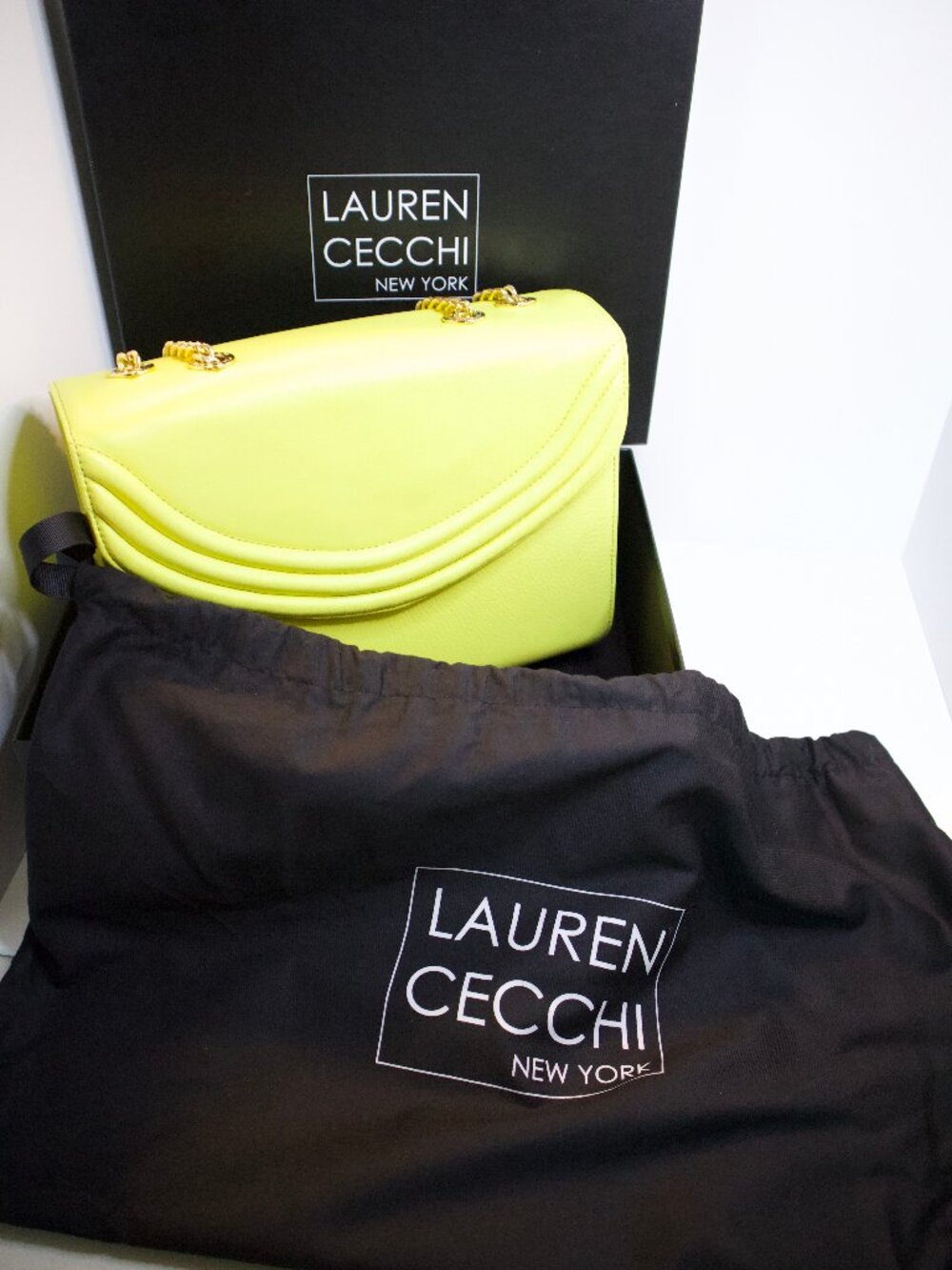 Lauren Cecchi New York Yellow Leather handbag NWT, Duster and Box!